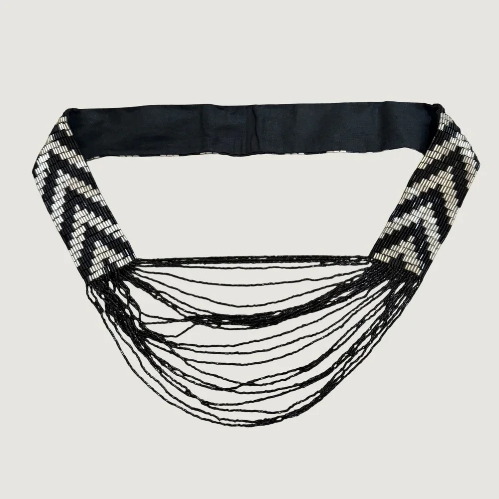 Beaded Statement Necklace OS Chevron Fringe Seed Bead Boho Black